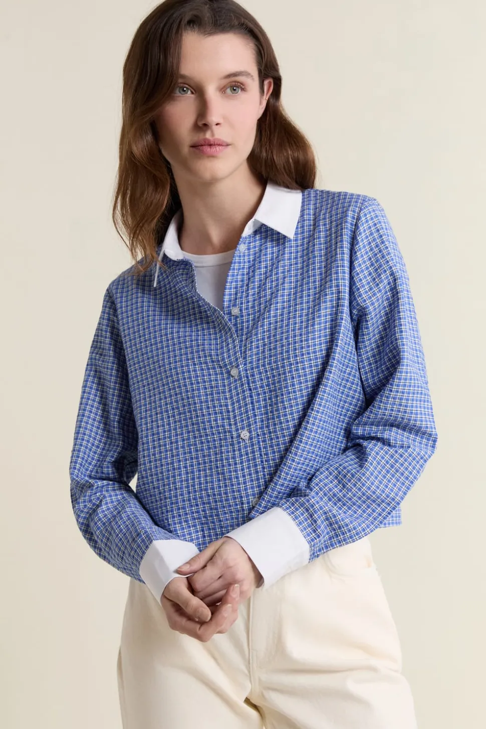 Camisa corta a cuadros con algodón