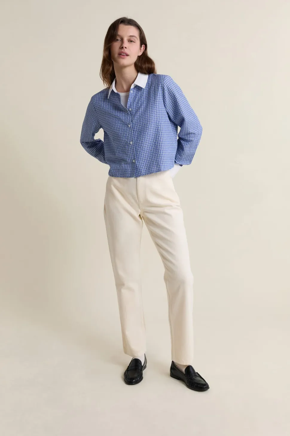 Camisa corta a cuadros con algodón