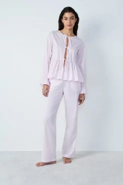 Camisa de pijama de algodón a rayas de manga larga con lazos