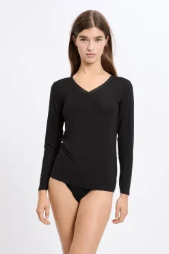 Camiseta de manga larga con cuello en V de tejido térmico