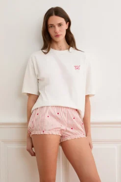 Pantalón corto bombacho a rayas y corazones de algodón