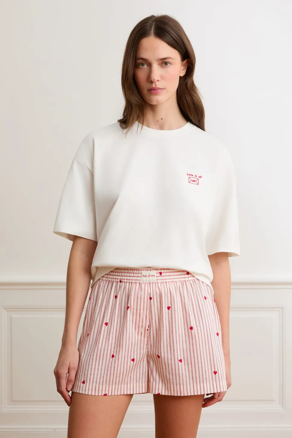 Pantalón corto de pijama a rayas y corazones con algodón