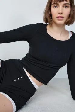 Pantalón corto de pijama de algodón de canalé, corte recto