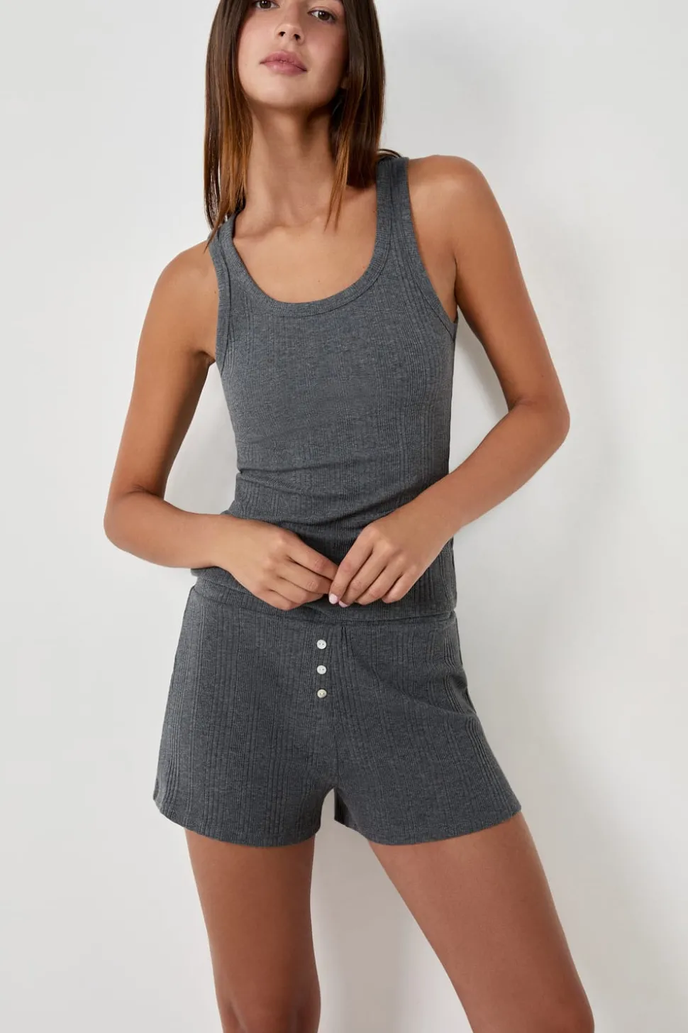 Pantalón corto de pijama de algodón acanalado, corte recto