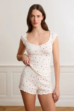 Pantalón corto de pijama de punto calado con estampado de corazones de algodón
