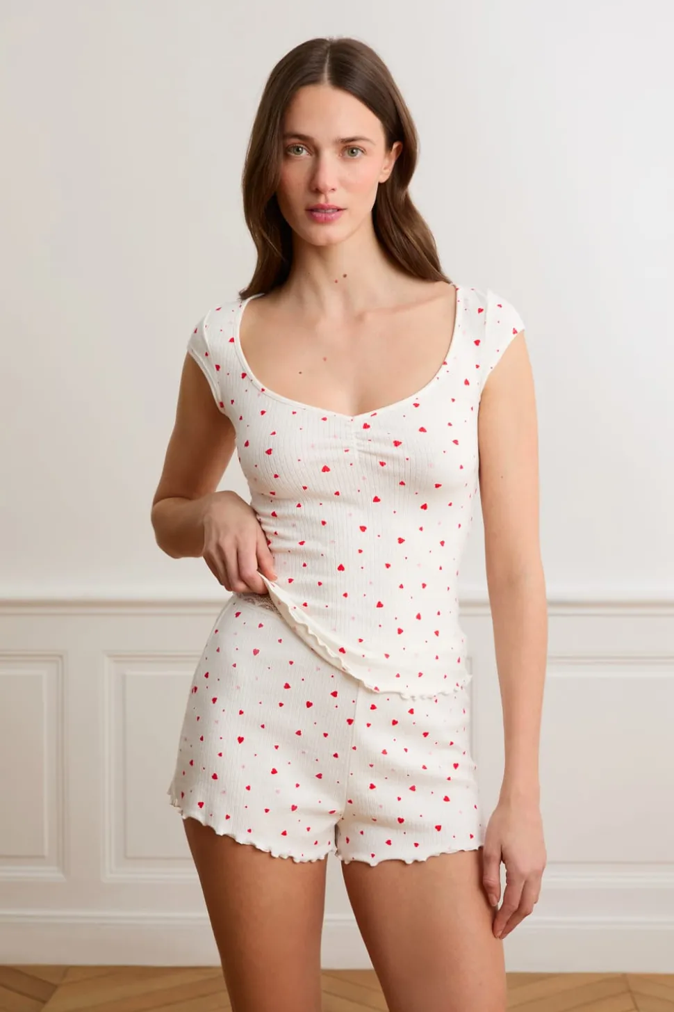 Pantalón corto de pijama de punto calado con estampado de corazones de algodón