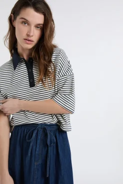 Sudadera de algodón con cuello polo a rayas