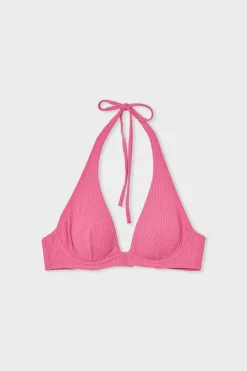 Top de bikini triangular de tejido brillante con aros