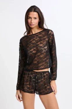 Top de manga larga de encaje transparente