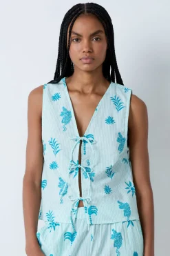 Top de pijama de algodón con estampado y lazos delanteros