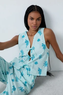 Top de pijama de algodón con estampado y lazos delanteros