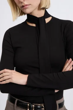 T-shirt manches longues à col à nouer avec coton