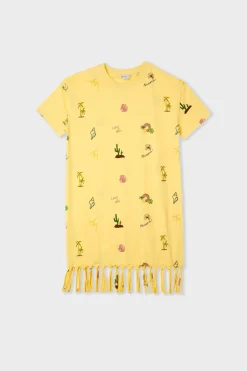 Vestido estilo camiseta estampado con flecos