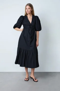 Vestido midi de algodón con mangas abullonadas